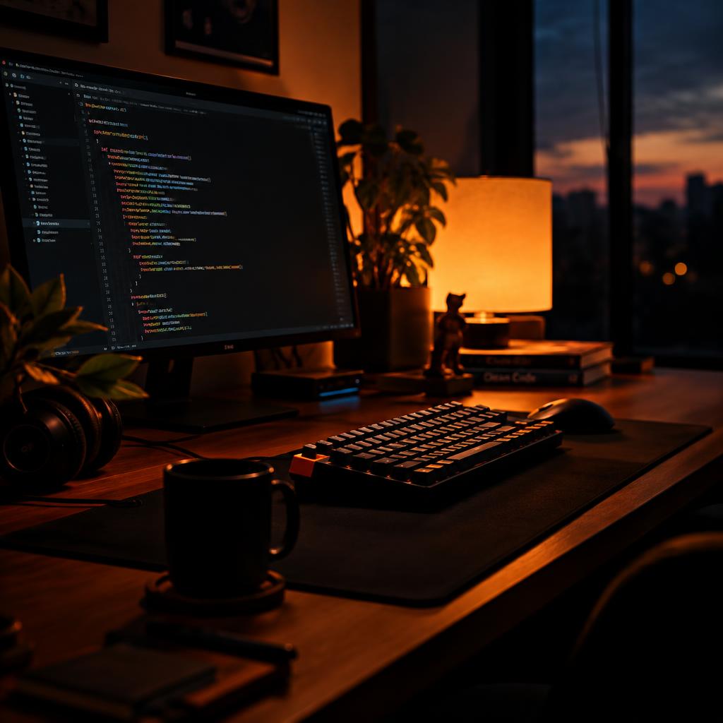 Cozy desk setup with a mechanical keyboard in warm lamp light